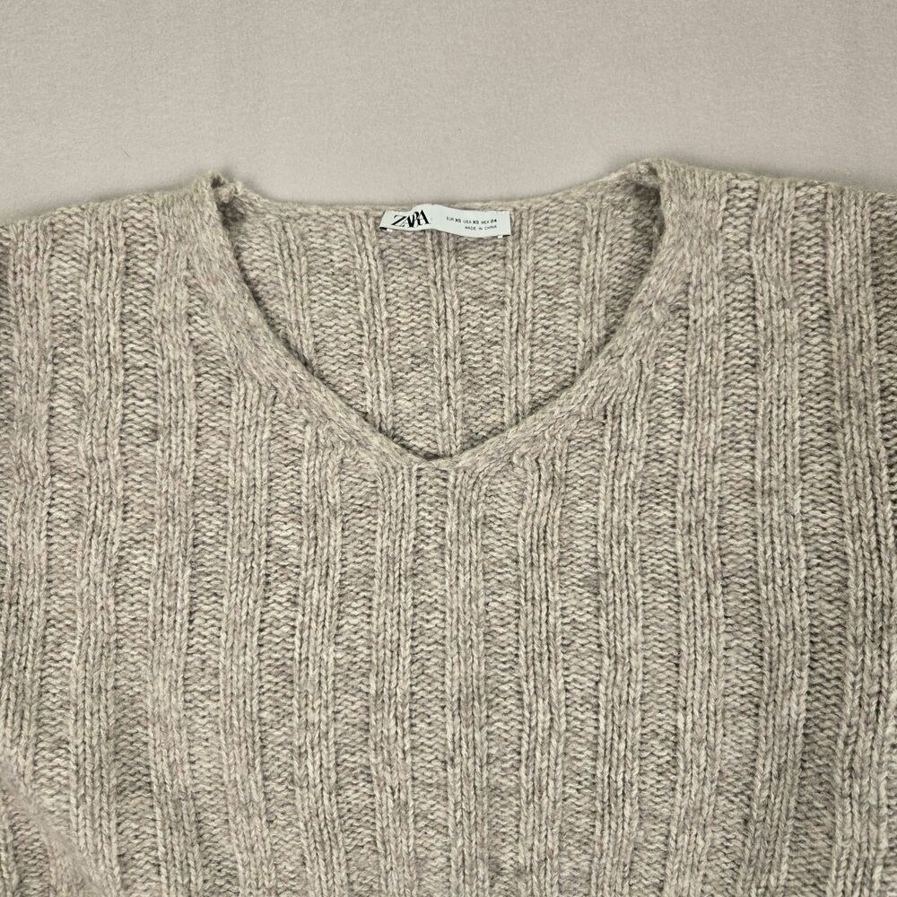 Zara Sweater Womens XSmall Beige Chunky Knit Wool Blend Cropped Oversized Boho - Picture 3 of 6